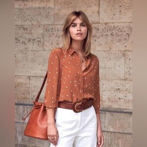 NWT Sezane Pierro Silk Shirt Caramel Polka Dots, size 38
